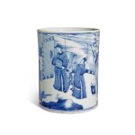 A blue and white 'figural' brushpot, Qing dynasty, Kangxi period | 清康熙 青花人物故事圖筆筒