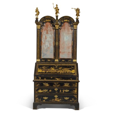 View full screen - View 1 of Lot 4. A Highly Important Queen Anne Double-Domed Black and Gold Japanned Bureau Bookcase by W. Price, 1713.