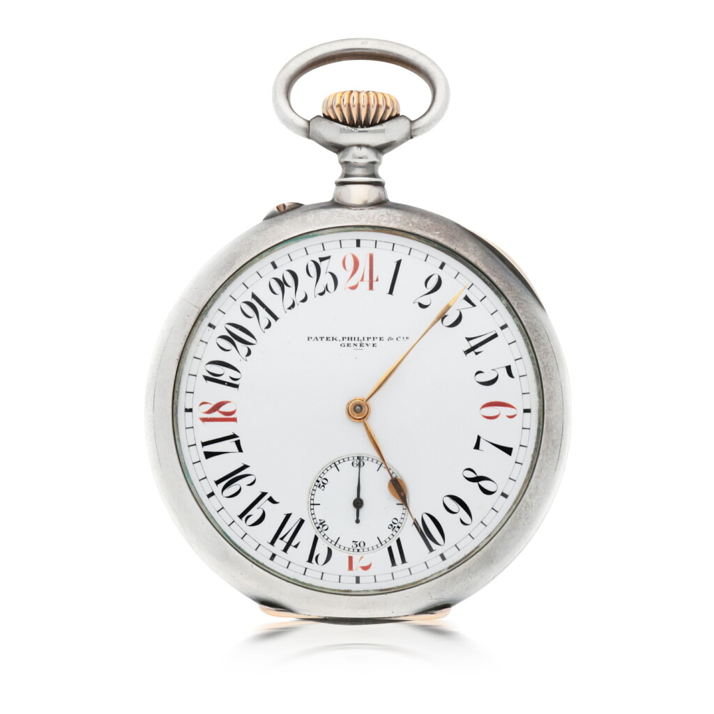 View full screen - View 1 of Lot 22. RETAILED BY GONDOLO & LABOURIAU: SILVER WATCH WITH 24-HOUR ENAMEL DIAL MADE IN 1908.