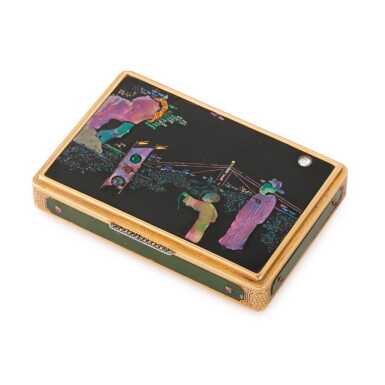 View full screen - View 1 of Lot 309. A French Art Deco Gold, Jade, and Lacque Burgauté Chinoiserie Cigarette Case Set with Jewels, Cartier, Paris, Circa 1925.
