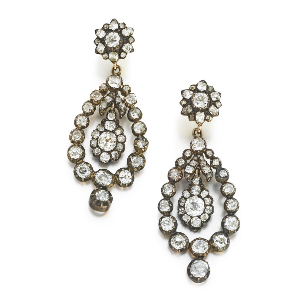 View full screen - View 1 of Lot 1059. A pair of diamond earrings, 19th century.