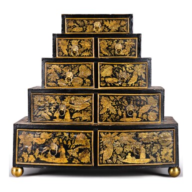 View full screen - View 1 of Lot 722. A REGENCY BLACK JAPANNED PENWORK GRADUATED TABLE CHEST OF DRAWERS, CIRCA 1815.
