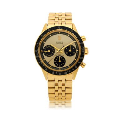 View full screen - View 1 of Lot 551. ROLEX | 'PAUL NEWMAN' DAYTONA, REF 6241, 14K YELLOW GOLD CHRONOGRAPH WRISTWATCH WITH BRACELET CIRCA 1969.
