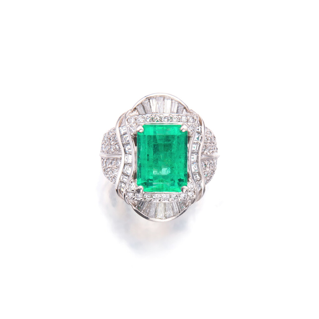 View full screen - View 1 of Lot 199. Emerald and Diamond Ring.