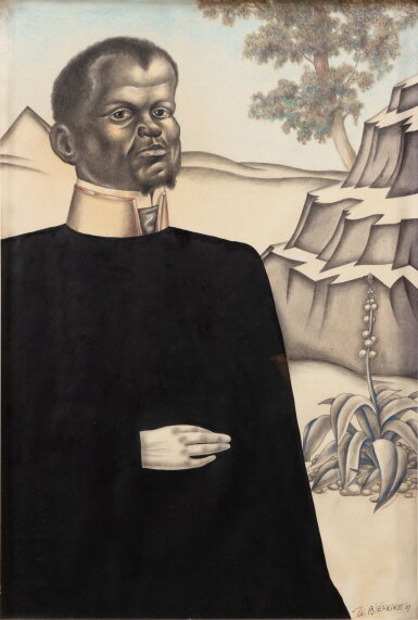 View full screen - View 1 of Lot 142. A priest in a tropical landscape | Prêtre dans un paysage tropical.