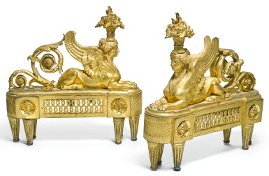 View full screen - View 1 of Lot 116. A PAIR OF LOUIS XVI GILT-BRONZE CHENETS LATE 18TH CENTURY, AFTER THE DESIGN BY FRANÇOIS-JOSEPH BÉLANGER.