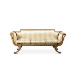 A South Italian blue-painted and parcel-gilt settee, early 19th century | Canapé en bois peint bleu et doré, Italie du Sud, début du XIXe siècle