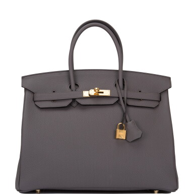 View full screen - View 1 of Lot 60. HERMÈS | GRIS ETAIN BIRKIN 35CM TOGO LEATHER WITH GOLD HARDWARE.