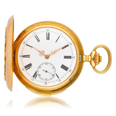 View full screen - View 1 of Lot 229. A gold hunting cased minute repeating keyless lever watch Circa 1900.