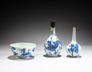 View full screen - View 1 of Lot 126. A group of three blue and white 'dragon and qilin' wares, China for the Vietnamese court, 19th century | 中國外銷安南 十九世紀 青花龍及麒麟紋瓷器一組三件.