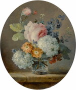 ANNE VALLAYER-COSTER | STILL LIFE OF ROSES, SNOWBALLS, PEONIES AND HYACINTHS IN A GLASS ON A LEDGE