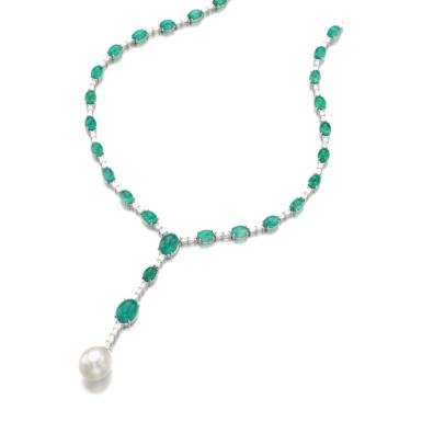 View full screen - View 1 of Lot 308. EMERALD, CULTURED PEARL AND DIAMOND NECKLACE.