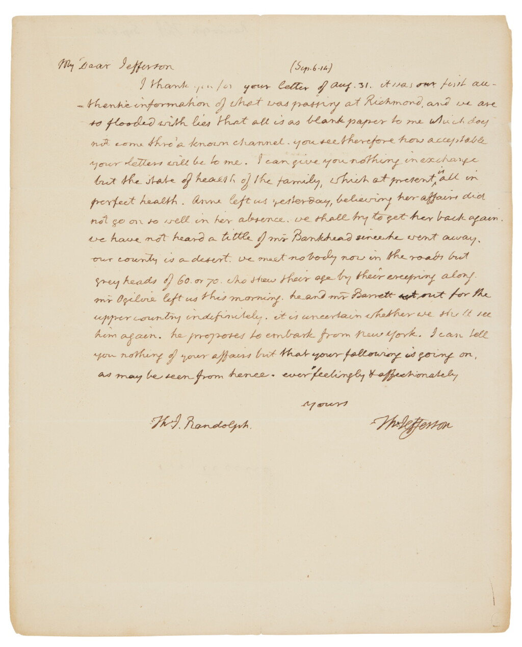 View full screen - View 1 of Lot 1017. Jefferson, Thomas | The former president writes to his grandson during a period of national threat.