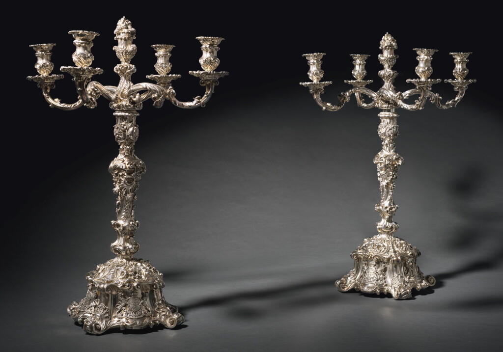 View full screen - View 1 of Lot 32. An impressive pair of George IV five-light silver candelabra, Robert Garrard, London, 1827.