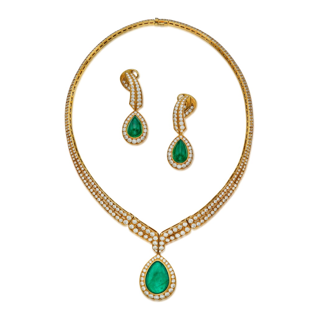 View full screen - View 1 of Lot 305. Emerald and Diamond Pendant-Necklace and Pair of Pendant-Earclips, France .