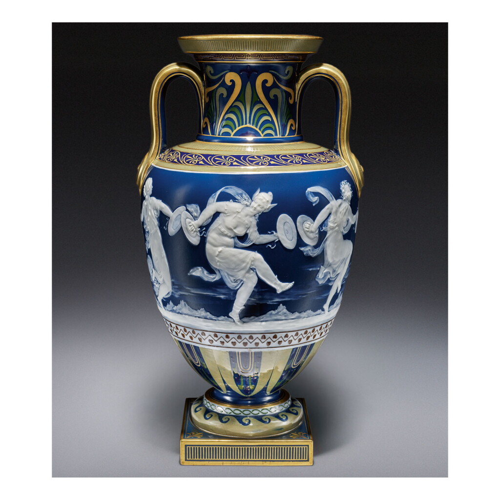 View full screen - View 1 of Lot 236. A MINTONS PÂTE-SUR-PÂTE PEACOCK-BLUE-GROUND VASE CIRCA 1885.