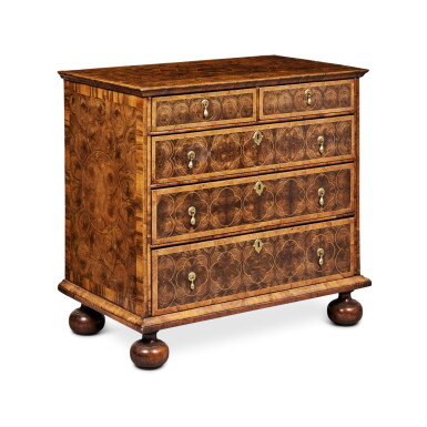 View full screen - View 1 of Lot 201. A William and Mary Walnut and Olivewood Chest of Drawers, Circa 1690-1710.