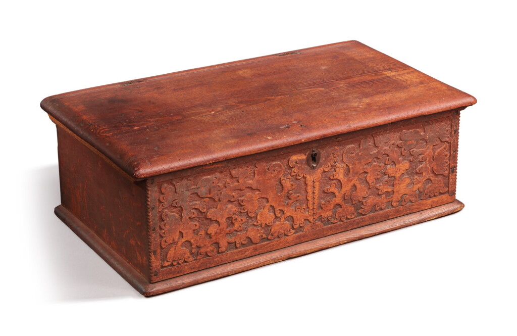 View full screen - View 1 of Lot 59. Very Fine and Rare Pilgrim Century Red-Painted Carved Oak and Yellow Pine Document Box, attributed to John Moore I, Windsor, Connecticut, circa 1685.