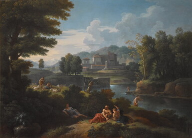 View full screen - View 1 of Lot 147. An Italianate landscape with a group of figures conversing by a river, with shepherds and fishermen, a castle beyond.