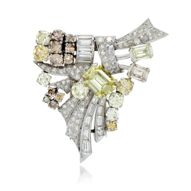 View full screen - View 1 of Lot 36. Diamond and coloured diamond brooch, 1950s.