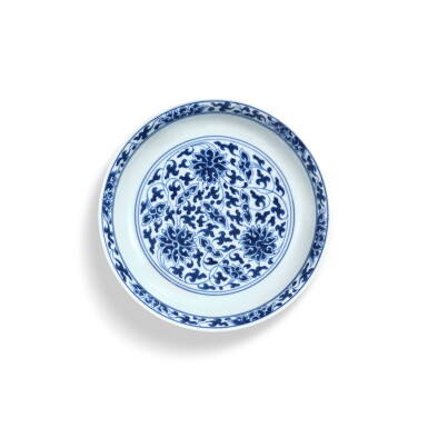 View full screen - View 1 of Lot 3392. A blue and white 'lotus' dish, Seal mark and period of Daoguang | 清道光 青花纏枝蕃蓮紋盤 《大清道光年製》款.