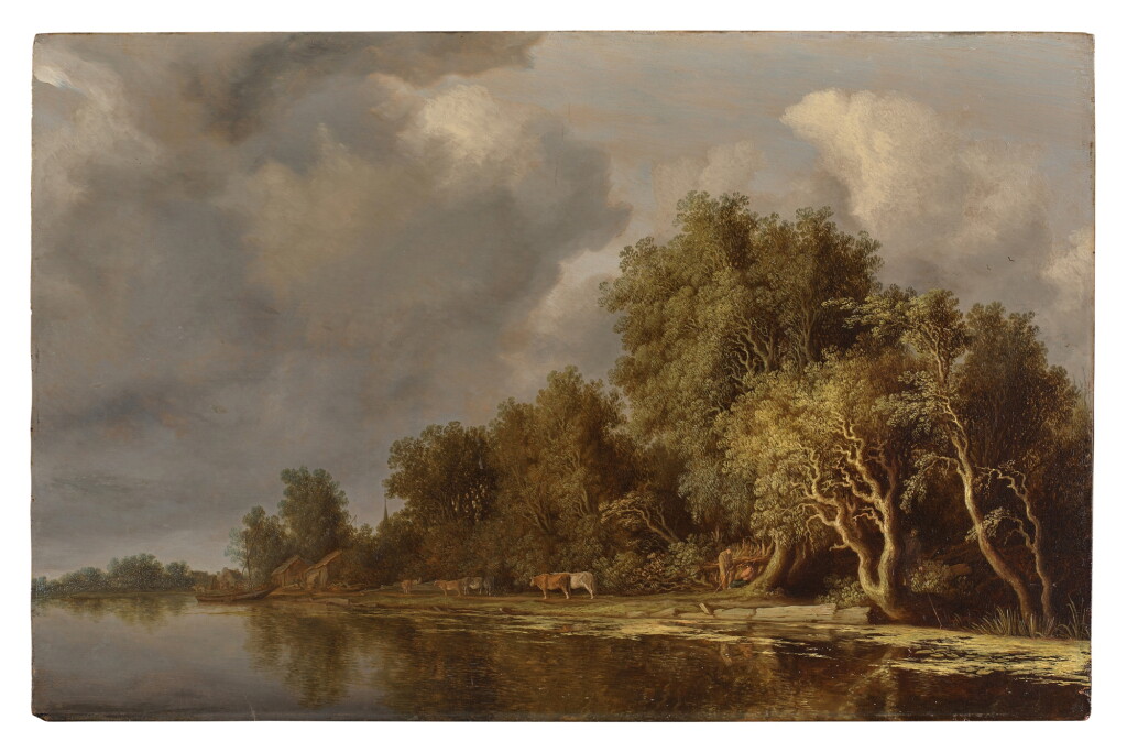 View full screen - View 1 of Lot 7. River Landscape with Herdsmen, Cattle, and a Fisherman on a Mossy Bank.