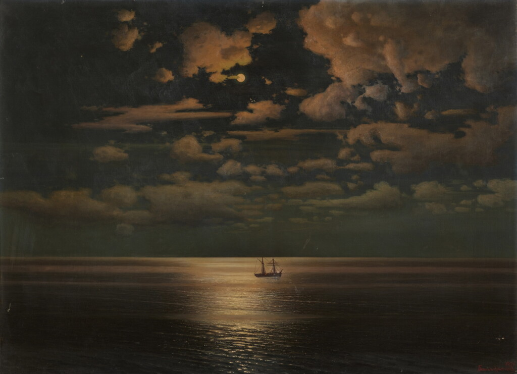 View full screen - View 1 of Lot 124. Moonlit Seascape with Ship.