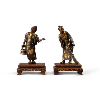 View full screen - View 1 of Lot 647. Two Parcel-Gilt Bronze Figures of Ladies, signed Miyao, Meiji Period, Late 19th Century | 宮尾銅製人物小型像 2点 宮尾造印、明治時代、19世紀後期 | 日本 明治 十九世紀末 宮尾銅局部鎏金婦人像兩件.