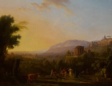 View full screen - View 1 of Lot 89. A group of peasants dancing in a landscape, with cows in the foreground and a view of a valley and village at sunset beyond.