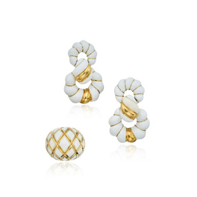 View full screen - View 1 of Lot 316. Pair of Gold and Enamel Earclips, David Webb, and Ring.
