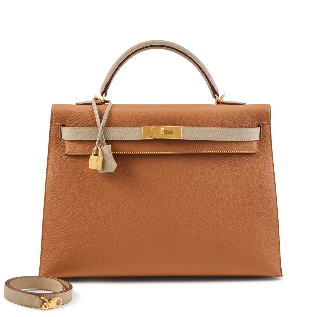 View full screen - View 1 of Lot 9. Gold and Trench Epsom Jaune Stitching HSS Kelly 40 Sellier Brushed Gold Hardware, 2024.