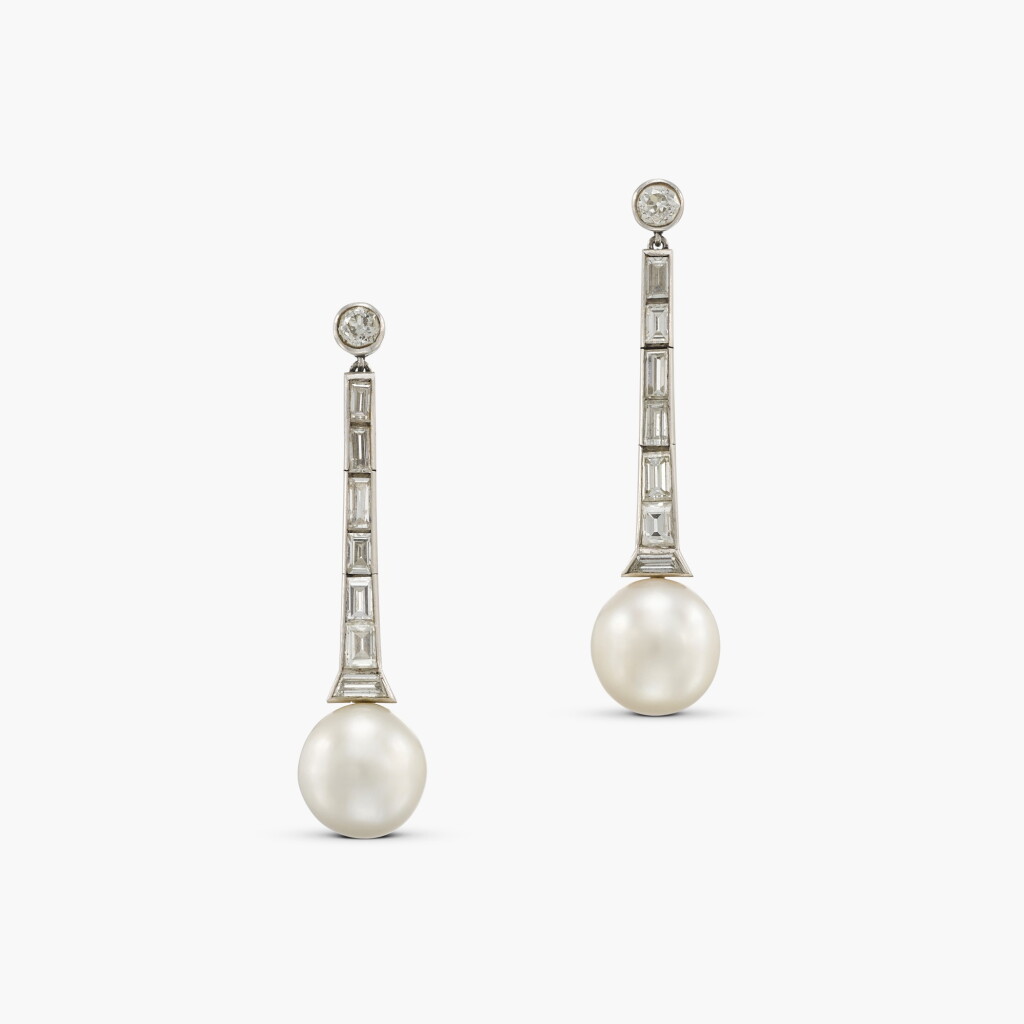 View full screen - View 1 of Lot 183. Natural Pearl and Diamond Earrings.