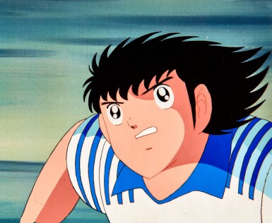View full screen - View 1 of Lot 73. Tsubasa Oozora in Japanese Kit Animation Cel with Douga and Printed Background | 穿日本球衣的大空翼賽璐璐,附線稿及印刷背景.