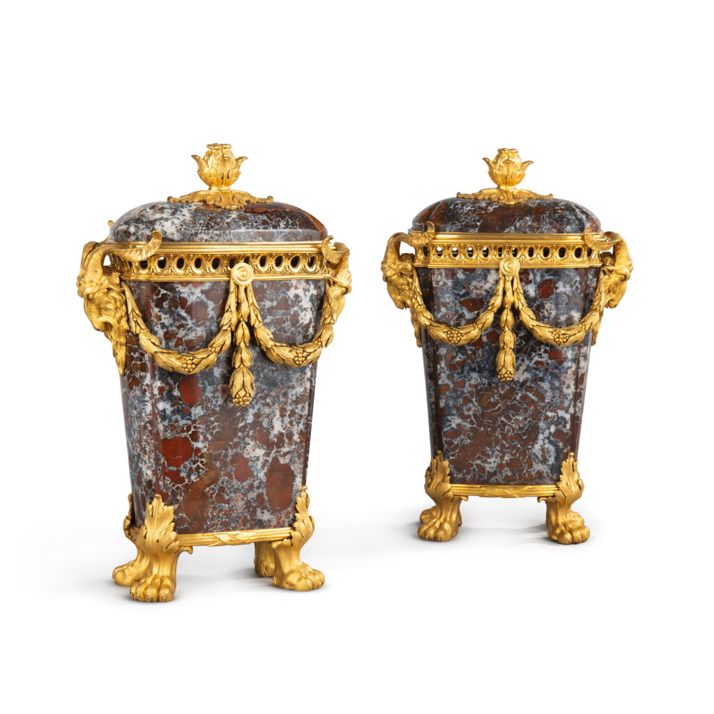 View full screen - View 1 of Lot 71. A pair of Louis XVI gilt-bronze mounted jasper pots-pourris vases, late 18th century.