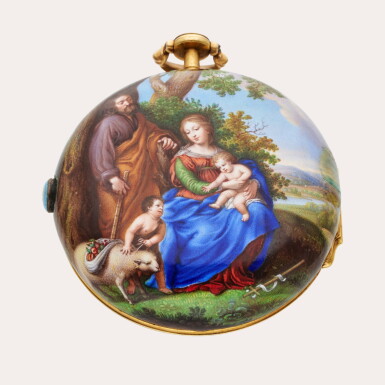 View full screen - View 1 of Lot 401. A yellow gold and enamel verge watch with a painted enamel scene depicting the Holy Family, Circa 1760.
