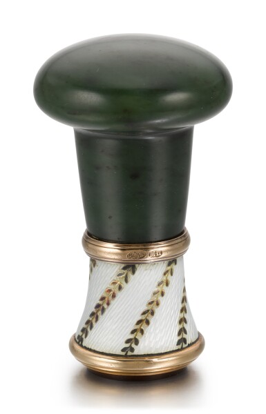 View full screen - View 1 of Lot 15. A Fabergé gold-mounted nephrite and guilloché enamel hand seal, workmaster Michael Perchin, St Petersburg, 1899-1903.