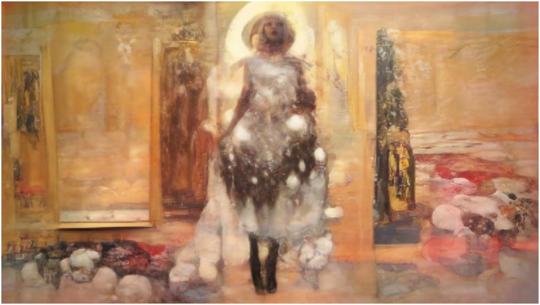 A haloed woman in a pale, blotted dress and dark boots stands in an ochre room hung with icon-like panels
