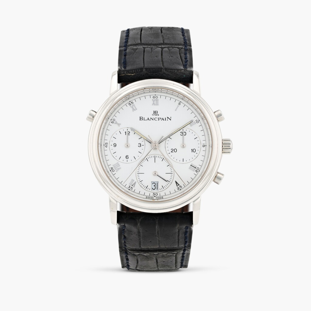 View full screen - View 1 of Lot 433. Villeret, reference 1186, platinum split-second chronograph wristwatch with date, circa 1991.
