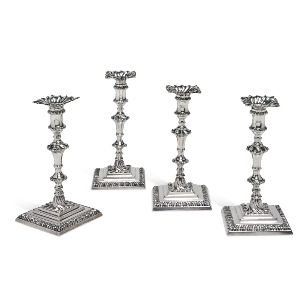 View full screen - View 1 of Lot 224. TWO MATCHING PAIRS OF GEORGE III SILVER TAPERSTICKS, EBENEZER COKER, LONDON, 1768 AND 1770 .