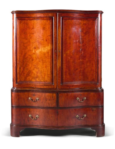 View full screen - View 1 of Lot 33. A SMALL GEORGE III MAHOGANY SERPENTINE LINEN PRESS, CIRCA 1760.