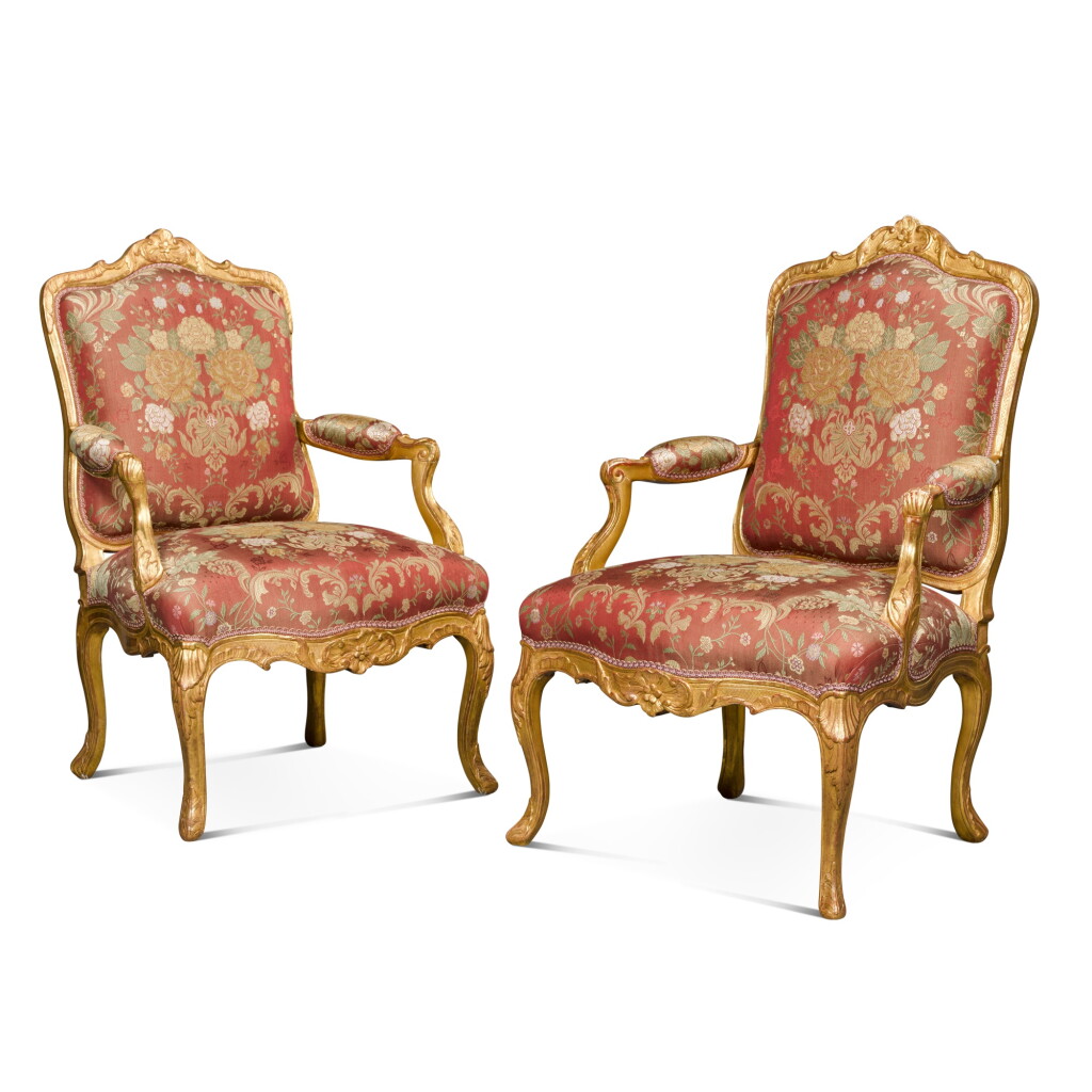 View full screen - View 1 of Lot 88. A pair of Régence giltwood fauteuils by Jean Baptiste I Tilliard, circa 1720.