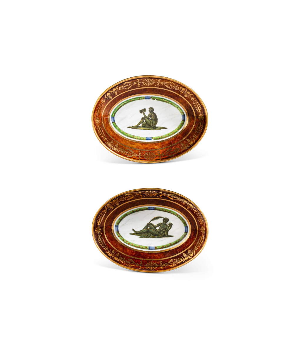 View full screen - View 1 of Lot 44. A pair of Sèvres (hard paste) porcelain fond écaille oval comports from the service for Napoléon I at the Palais des Tuileries, circa 1801-1802, delivered in 1804.