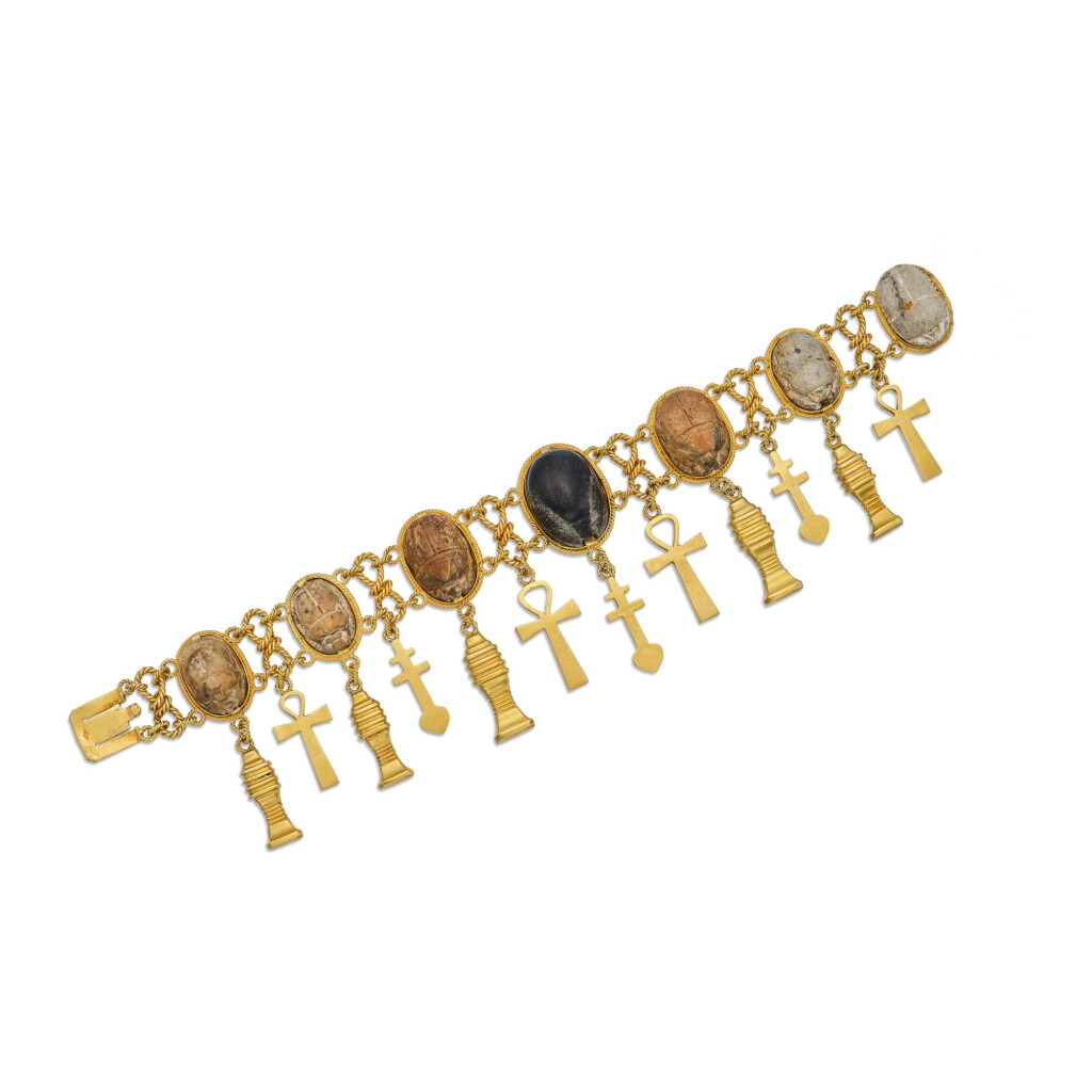 View full screen - View 1 of Lot 82. Gold, Hardstone Scarab and Charm Bracelet | Émile-Désiré Philippe | 黃金及硬石聖甲蟲造型手鏈.
