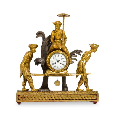 View full screen - View 1 of Lot 5. A carved giltwood chinoiserie mantel clock, Austrian, early 19th century with associated French movement and dial.
