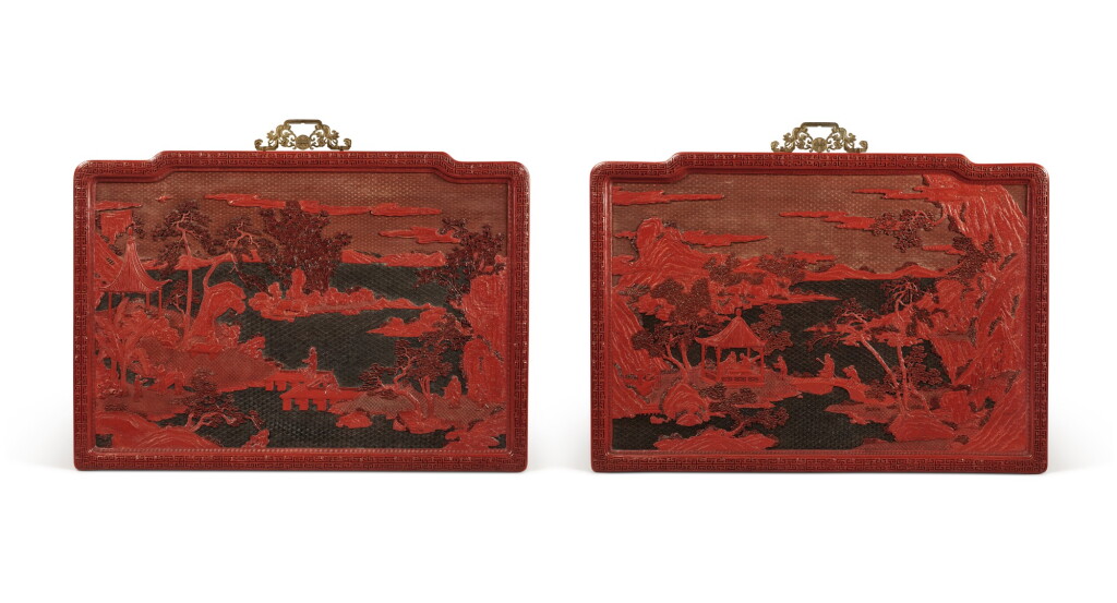 View full screen - View 1 of Lot 63. An exceptional pair of carved three-color lacquer 'landscape' panels, Qing dynasty, Qianlong period | 清乾隆 剔彩山水高士圖掛屏一對.