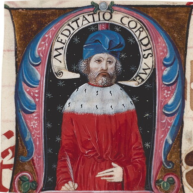 View full screen - View 1 of Lot 12. Illuminated initial M from a Choirbook depicting a Prophet beneath an unfurling Scroll by the Master of the Archimboldi Missal (fl.1480–1500), on vellum, in Latin, (Italy, Milan), c.1500.