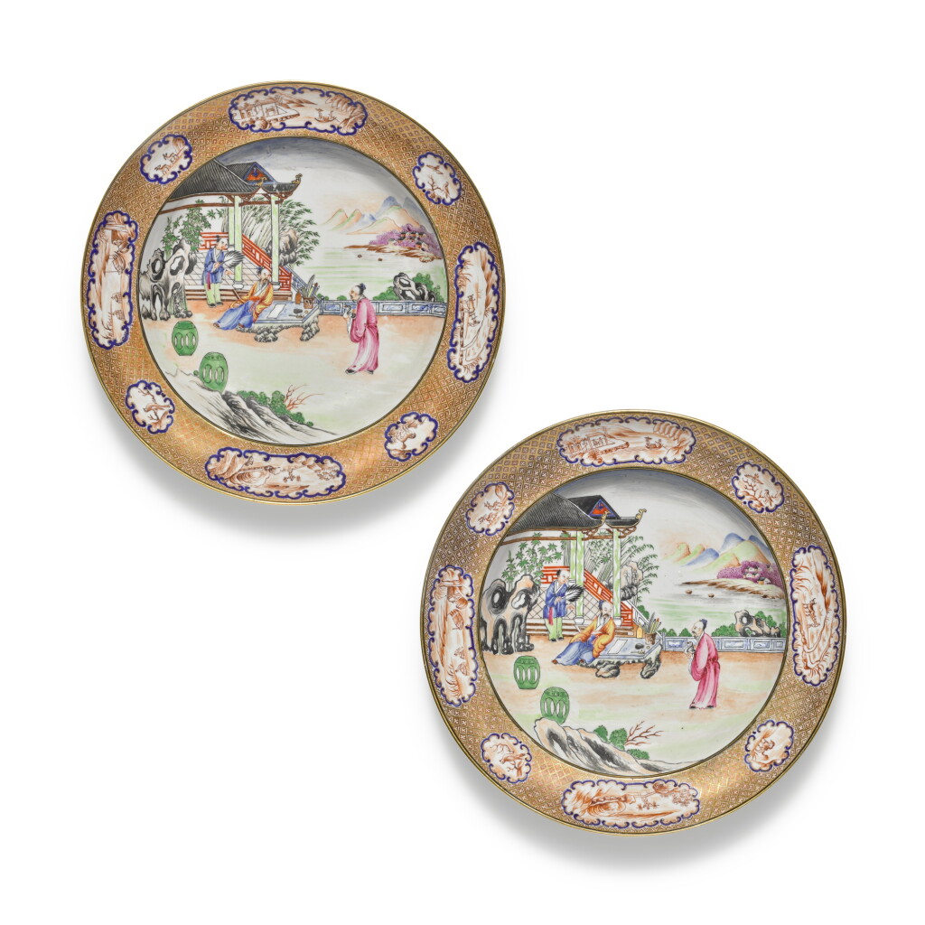 View full screen - View 1 of Lot 274. A pair of gilt-decorated famille-rose 'figural' dishes, Qing dynasty, Jiaqing period.