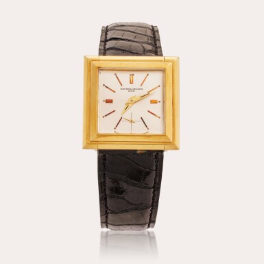 View full screen - View 1 of Lot 468. Reference 6665 Cabriolet | A yellow gold square shaped wristwatch with hinged case, Circa 1960.