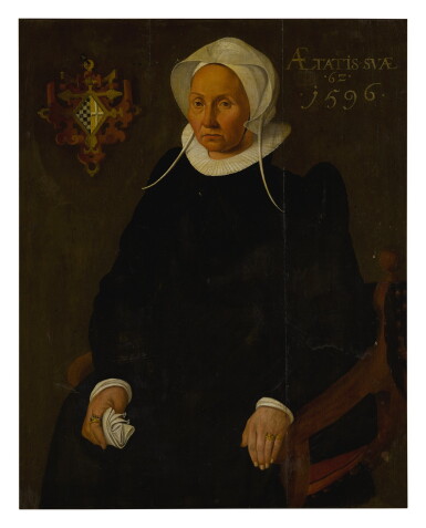 View full screen - View 1 of Lot 506. NORTHERN NETHERLANDISH SCHOOL, 1596 | PORTRAIT OF A LADY, PROBABLY FROM THE VAN HEKEREN FAMILY, SEATED THREE-QUARTER LENGTH, AGED 62.