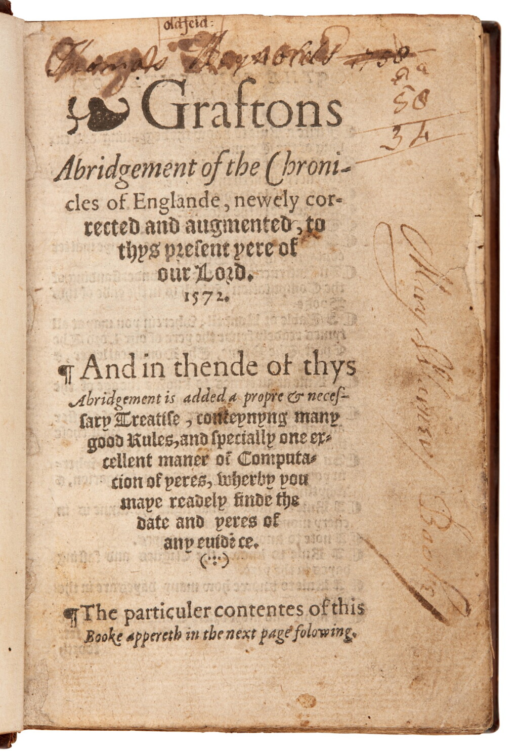 View full screen - View 1 of Lot 132. Grafton, Graftons abridgement of the chronicles of Englande, London, 1572, old calf.